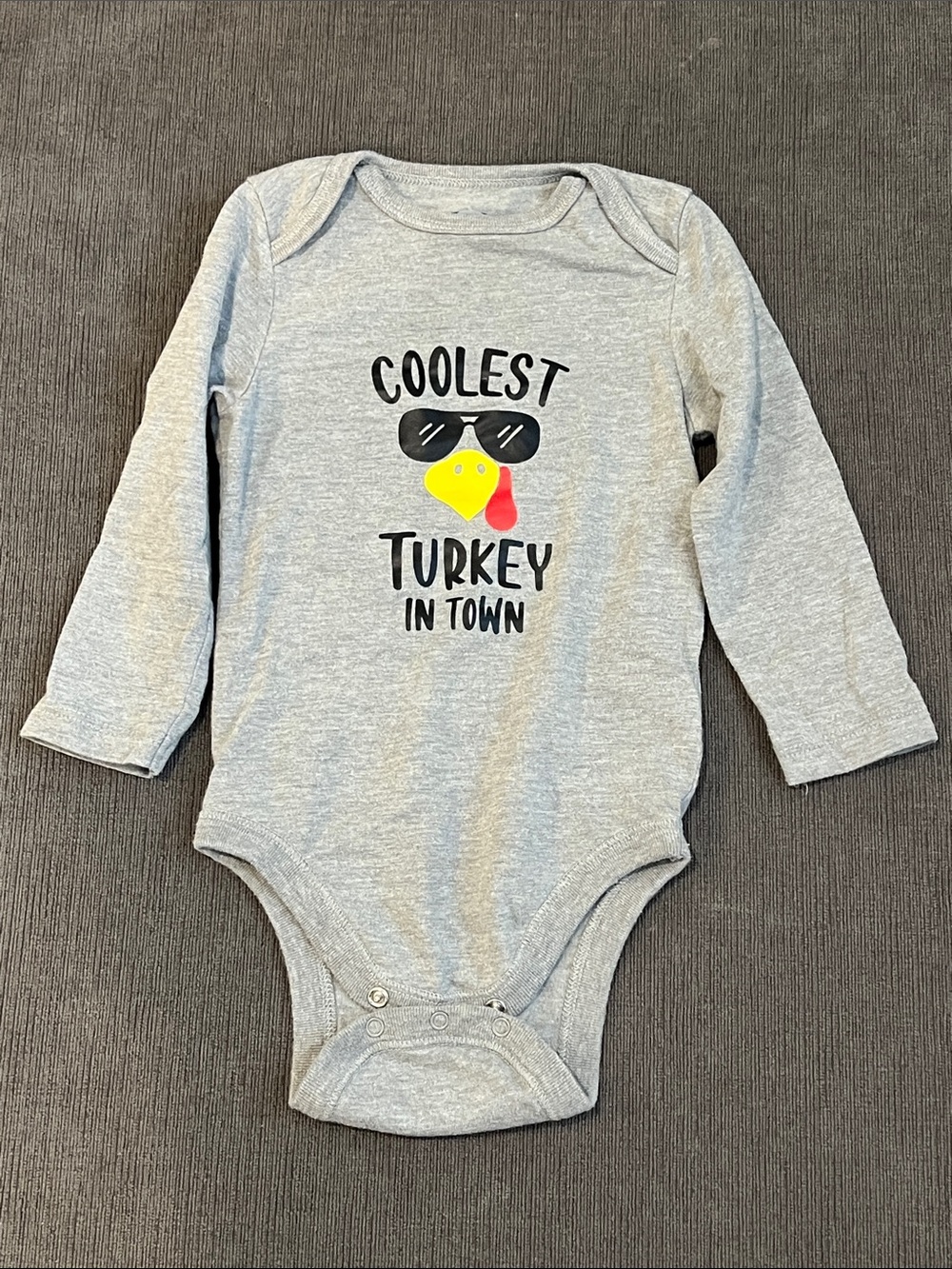 Grey "Coolest Turkey in Town" Long-Sleeve Baby One-Piece 12-18M